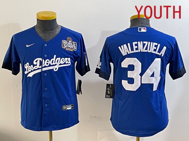 Youth  Los Angeles Dodgers #34 Valenzuela 2024 World series patch blue jersey 2024112001->youth mlb jersey->Youth Jersey